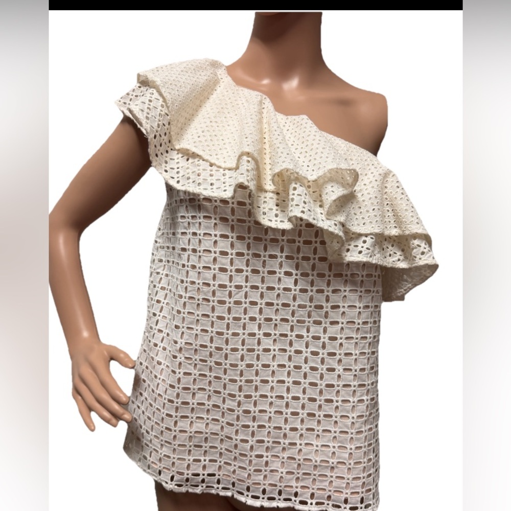 J Crew Women's Eyelet Lace One-Shoulder Ivory Ruffle Top Sz 0